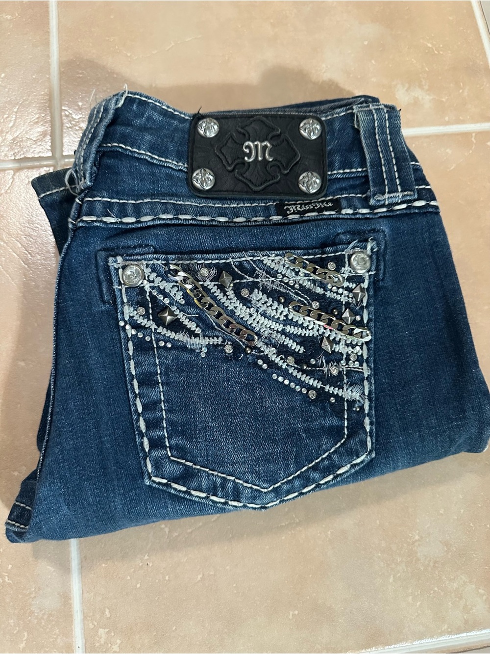 EUC Miss Me Dark Blue Easy Bootcut Jeans with Rhinestone Pocket